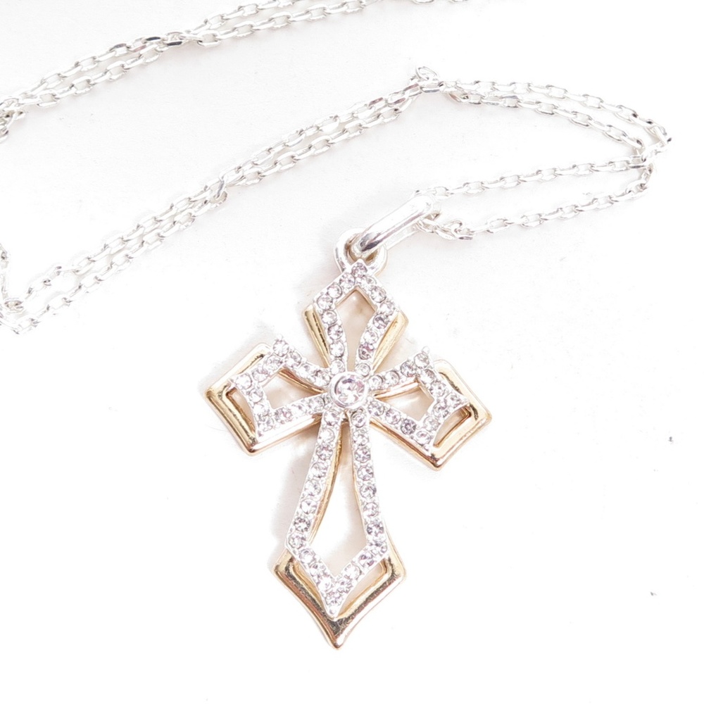 NRO Two Tone Pave Crystal Double‎ Cross Pendant Necklace Silver Gold